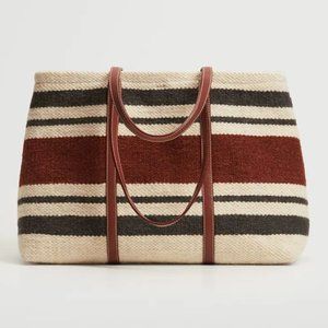 NWT MANGO Wool & Genuine Leather Shopper Tote Bag Purse Handbag Striped